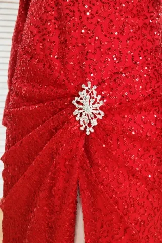 draped curve red sequin dress