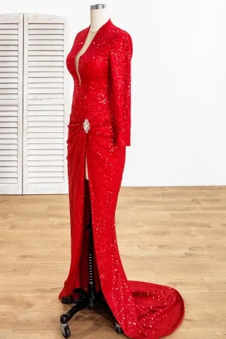 elegant red curve sequin long sleeve sheath slit long evening prom formal dress