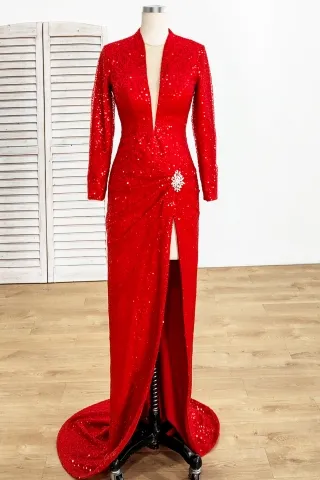 elegant red curve sequin long sleeve slit formal dress