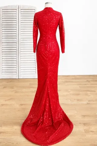 elegant red sequin long sleeve dress