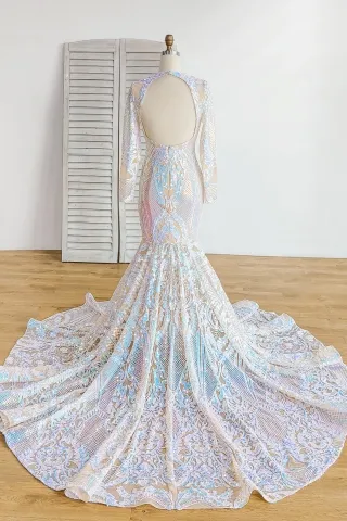 fantasy iridescent sequin open back mermaid prom dress