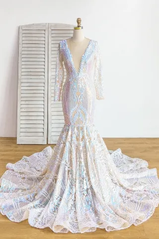iridescent fantasy sequin plunging neck long prom dress
