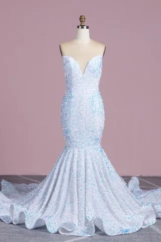 blue white mixed dream color sequin mermaid prom dress