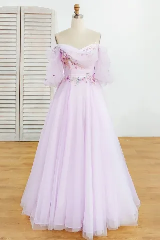 fairytale flowers embroidered lilac tulle evening dress