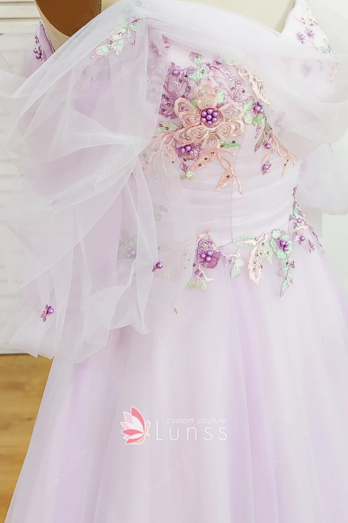 Strapless Lilac Tulle A-Line Embroidered Floral Midi Dress