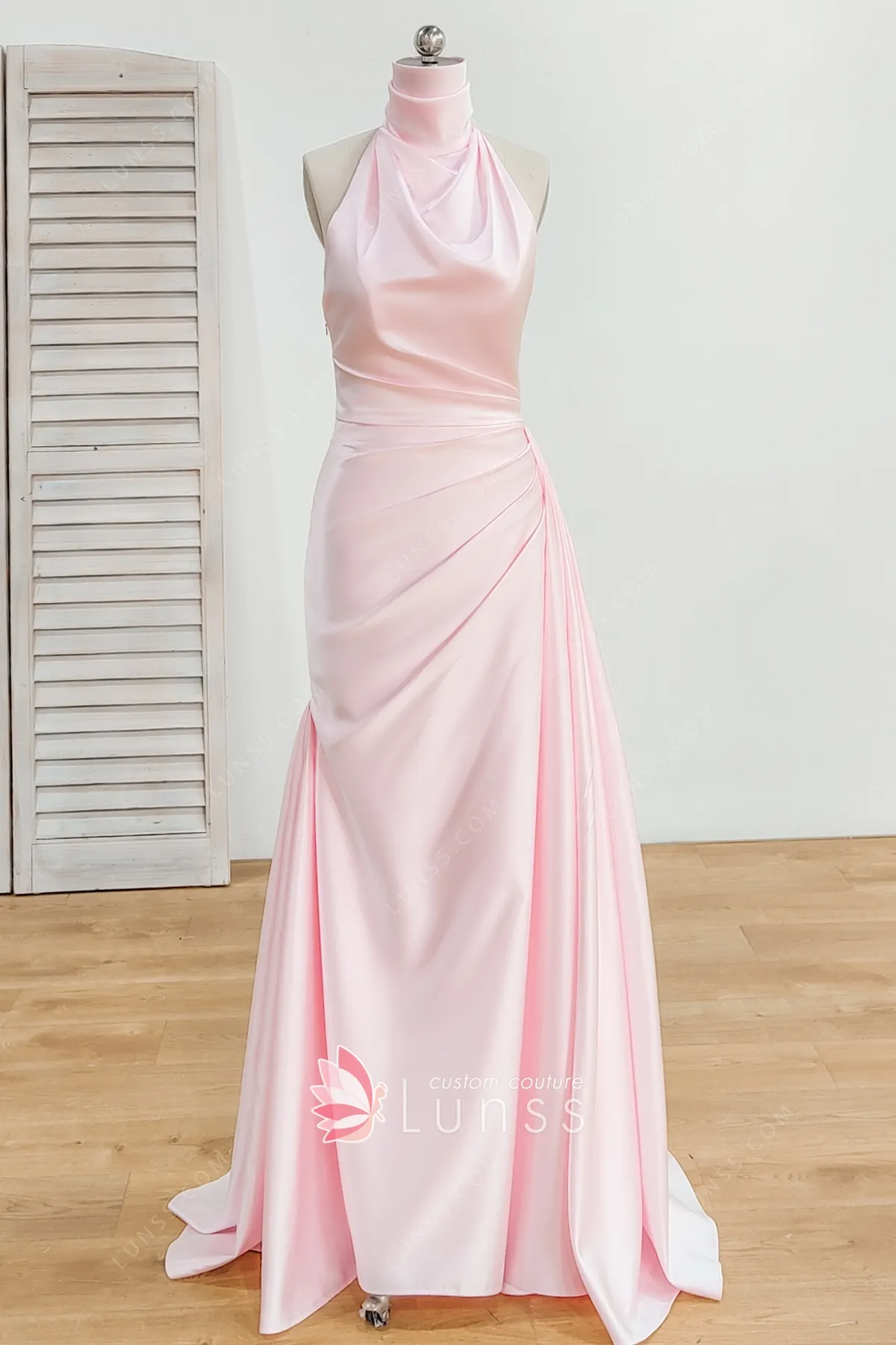 Plunging V-Neck Satin Dress With Slit Blushing Pink Plus Size