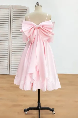 detachable oversized bowknot pink satin short dress