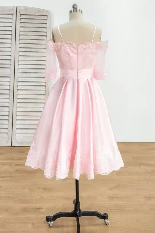 lovely baby pink lace appliqued knee length short A line satin homecoming dress