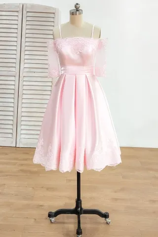 lovely baby pink satin and lace short homecoming dress