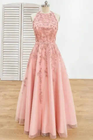 leaf shape lace appliqued salmon a line long formal dress