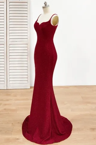elegant curved neckline with straps dark red glitter dress
