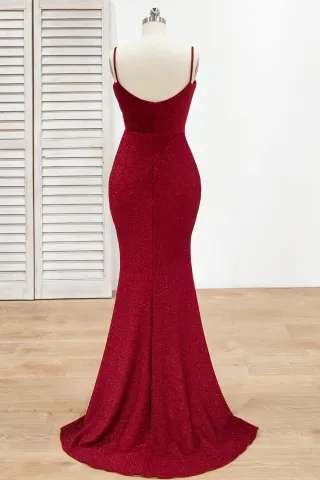 zipper up back dark red glitter spandex mermaid formal dress