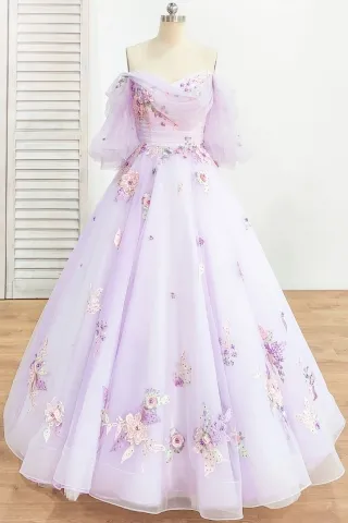 fairy pearled 3d flowers off shoulder lilac tulle dress