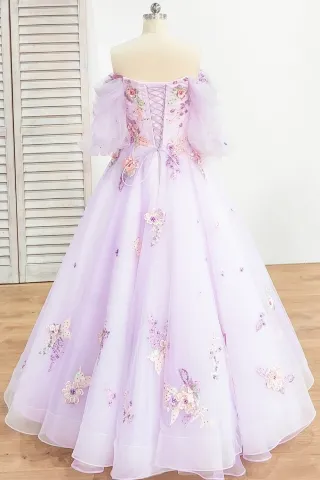 lavender pink embroidered lace flowers decorated lace up formal dress