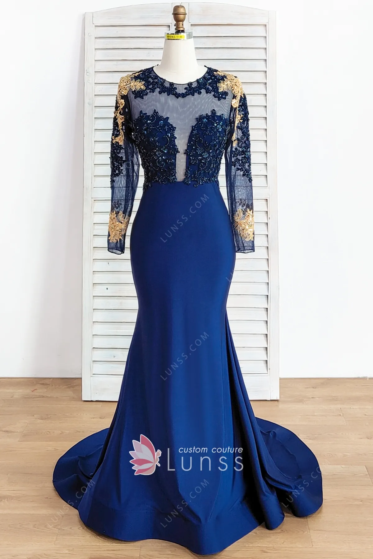 Deep Blue Lace Spandex Prom Dress - Lunss