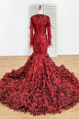 ostrich feathers decorated red sequin trumpet mermaid prom dress with volume leaves long train