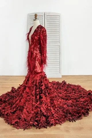 ostrich feathers leaves red prom dress