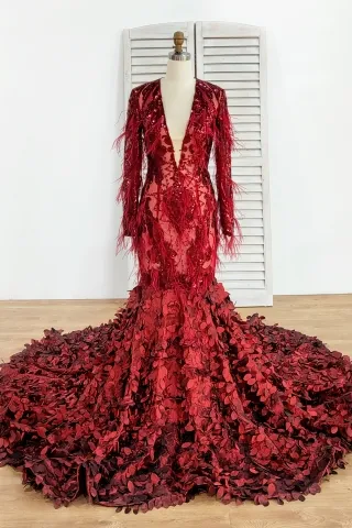 stunning ostrich feathers leaves red sequin prom dress