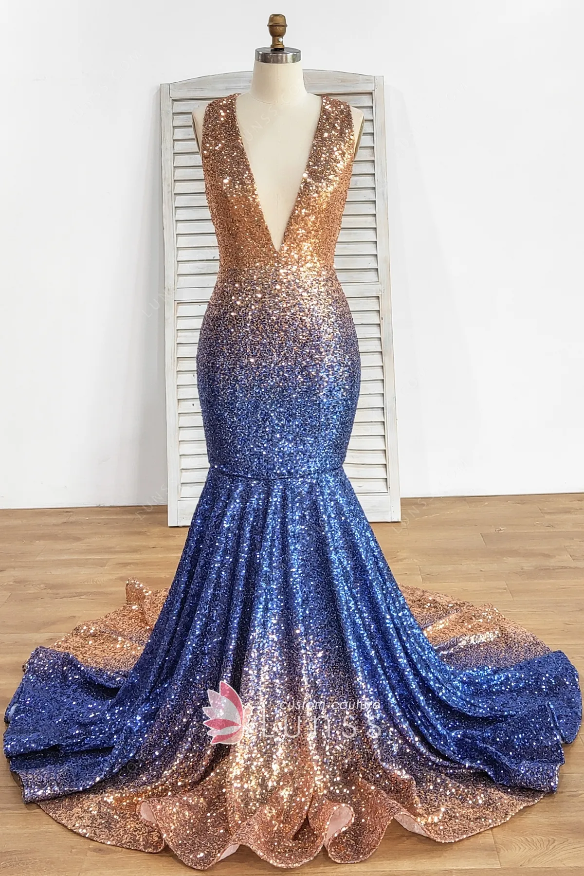 dazzling gold and blue ombre sequin trumpet prom dress