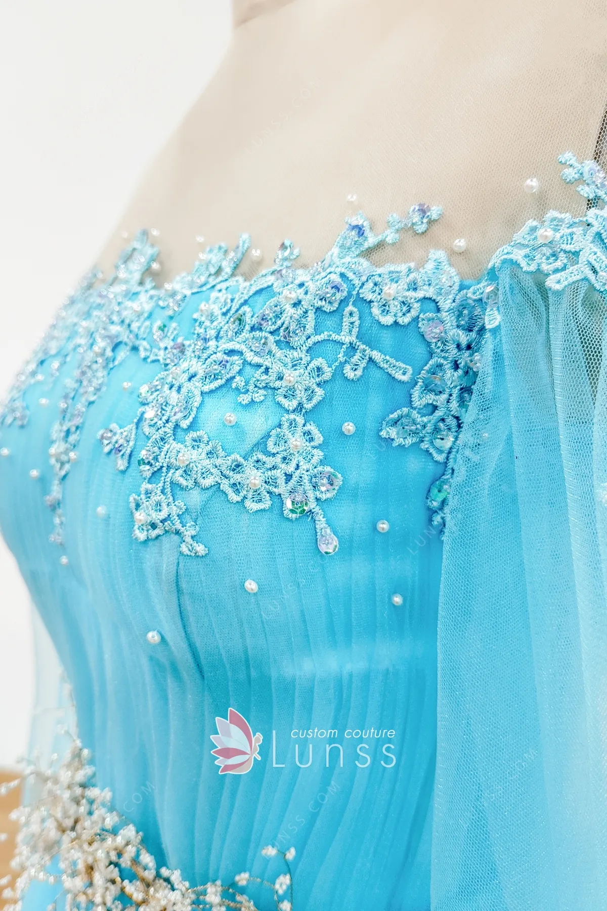 Classy Pearled Lace Pool Blue Tulle Aline Formal Dress Lunss