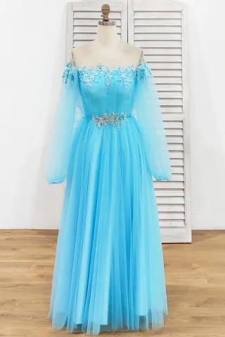 classy pearled lace pool blue tulle a line formal dress