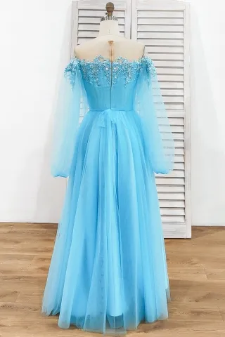 illusion off the shoulder long sleeve pool blue tulle formal dress