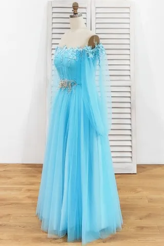 pearled lace pool blue tulle formal gown
