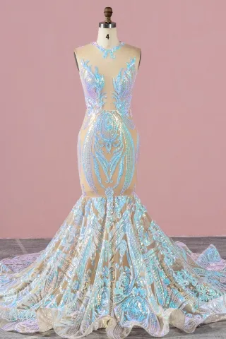 iridescent blue pink sequin illusion jagged prom dress