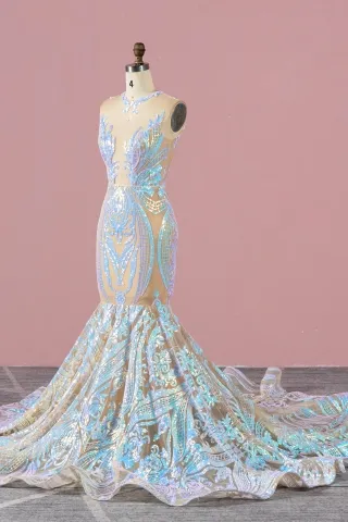 iridescent blue pink sequin prom dress