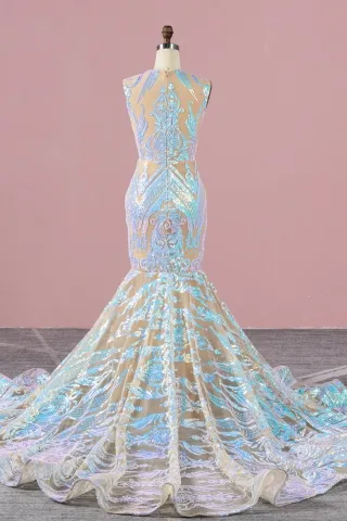 iridescent blue pink unique geometric pattern sequin illusion sheer mermaid long prom dress
