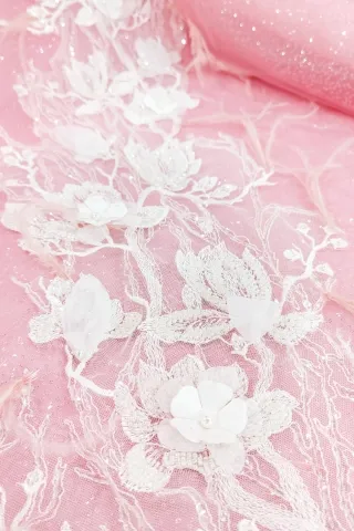 glitter tulle pink dress with white flowers applique