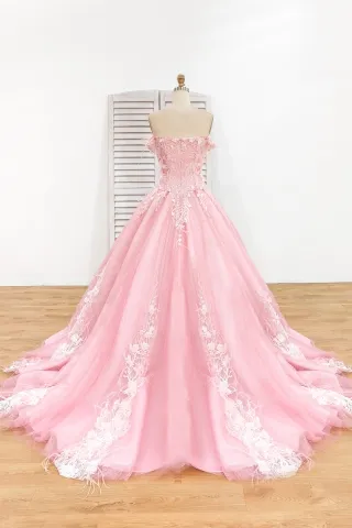 luxury white pearls sequins feathers 3D flower lace appliqued glitter tulle pink ball gown