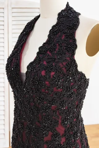 amazing black beaded lace prom dress