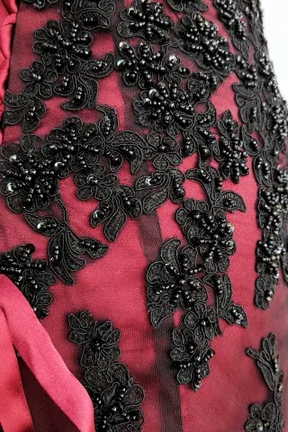 beaded black corded lace overlaid wine lining dress