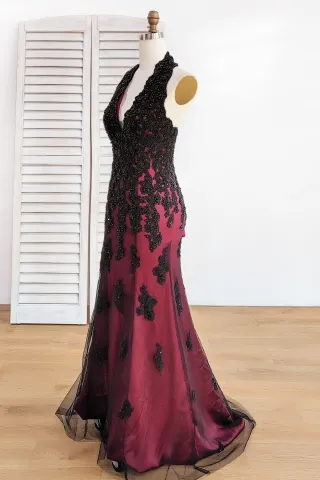 black beaded lace wine satin prom dress