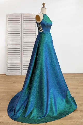 green blue iridescent glitter prom dress