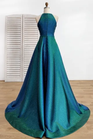 green blue iridescent glitter satin A line long prom dress