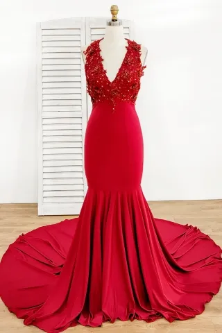 beaded lace appliqued ruby spandex mermaid prom dress