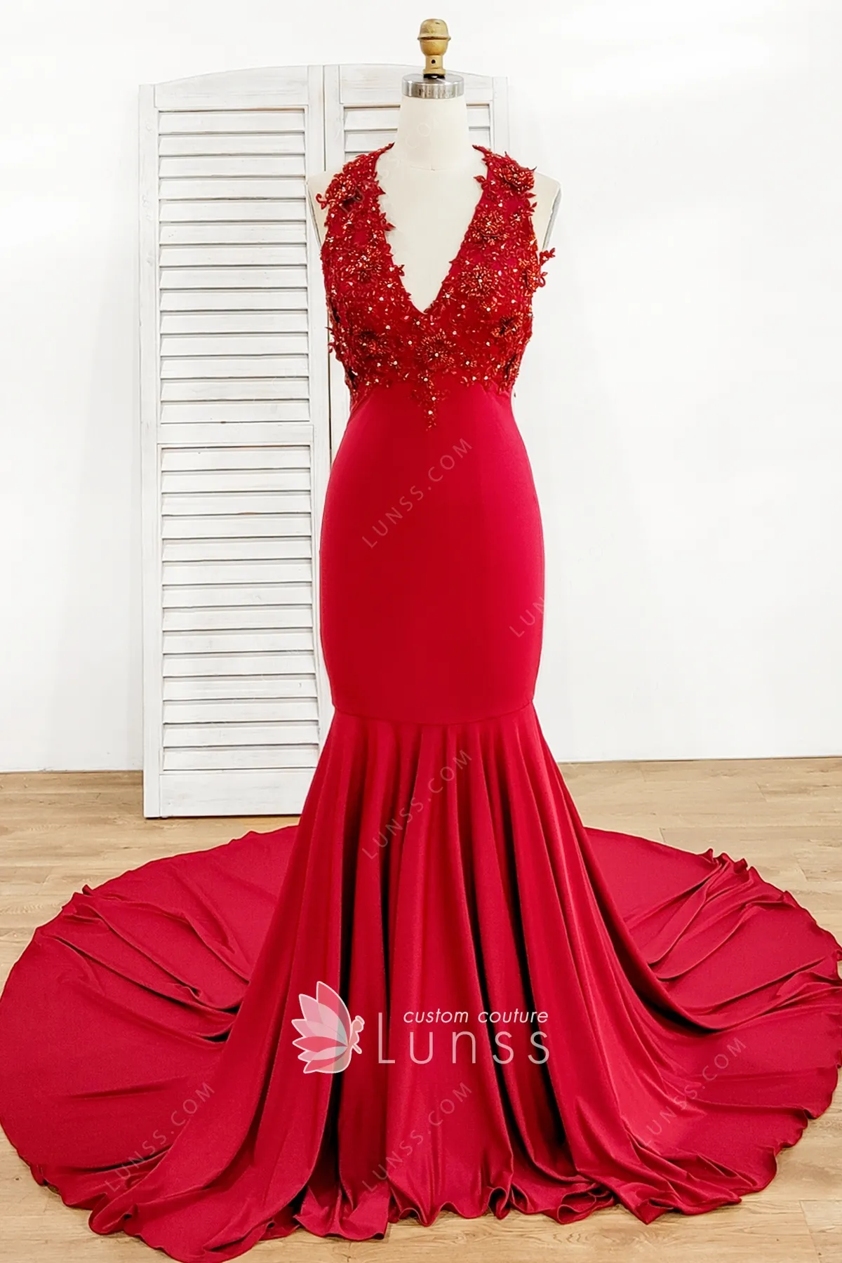 Beaded Lace Appliqued Ruby Spandex Mermaid Prom Dress - Lunss