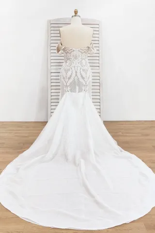unique geometric pattern white sequin off the shoulder mermaid prom dress