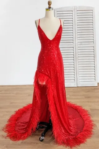 red sequin with feather slit long train sexy prom dress