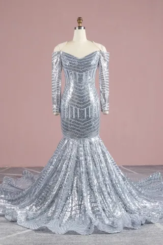 silver sequin off shoulder long sleeve long train dress