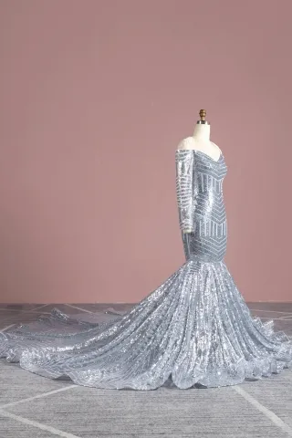 silver sequin sleeve long train dress