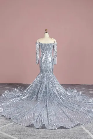 sparkly silver stripe pattern sequin long train prom dress