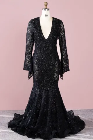 beaded sheer black lace bell sleeve vintage prom dress