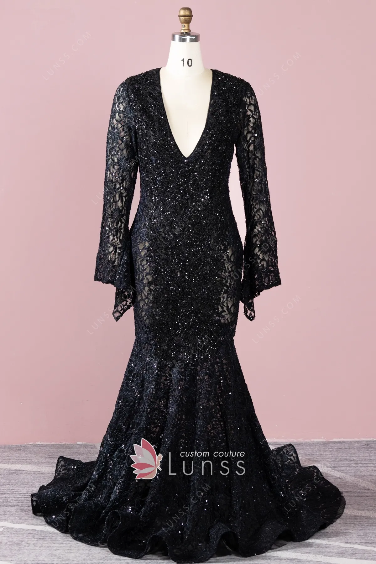 Beaded Sheer Black Lace Bell Sleeve 