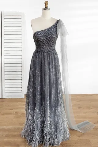 vertical lined gray sequin with feathers long prom dress