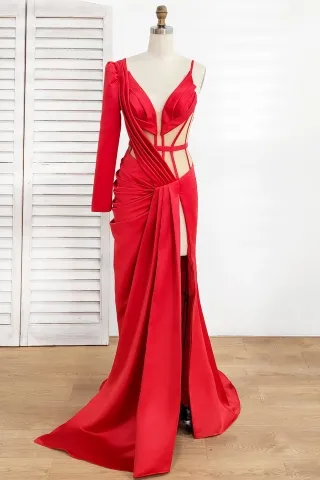 unique red satin sheer cut out single sleeve prom dress