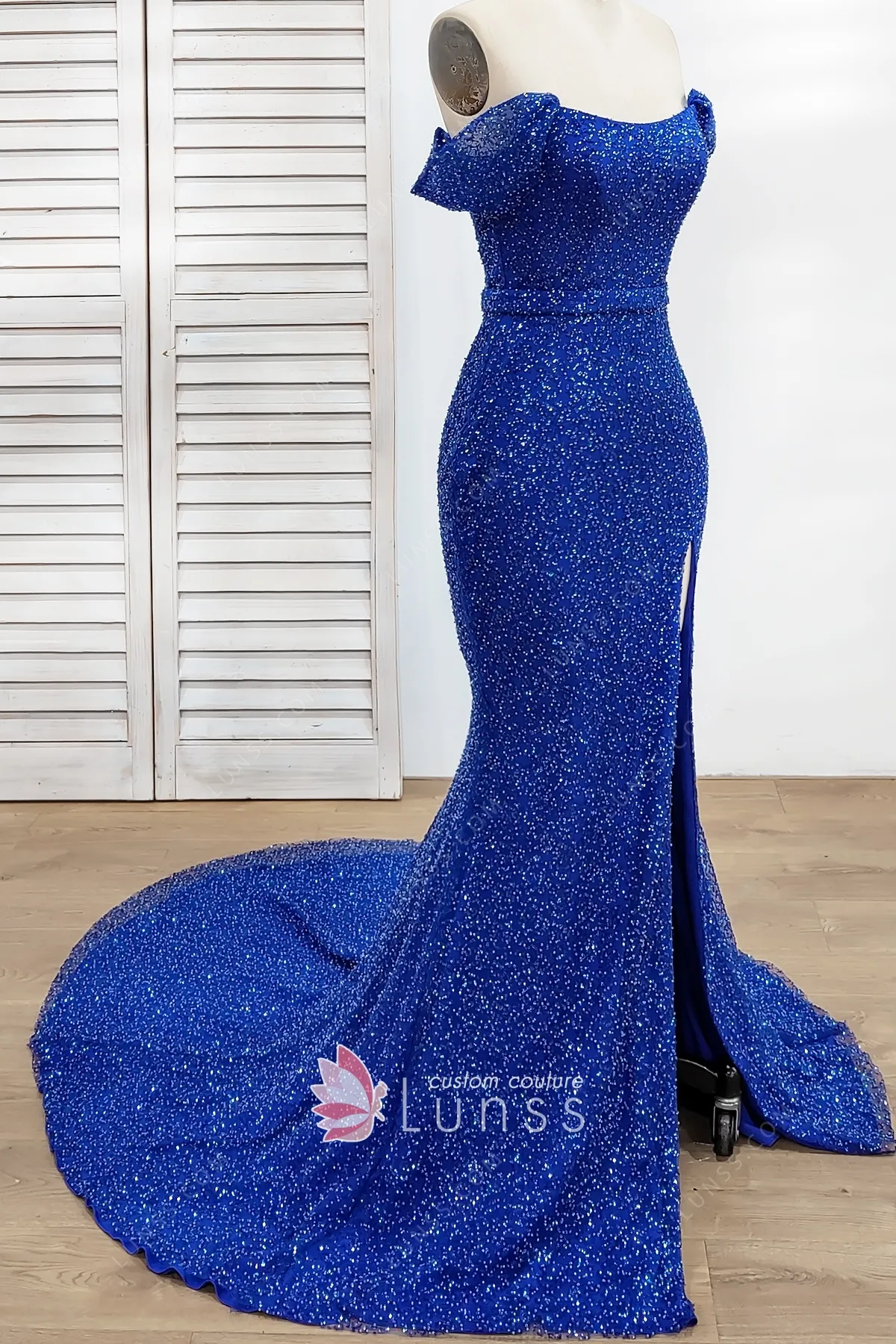 Beading Blue Mermaid Prom Dress with Slit main image 1