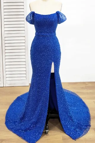 dazzling royal blue beaded sequin slit mermaid prom dress